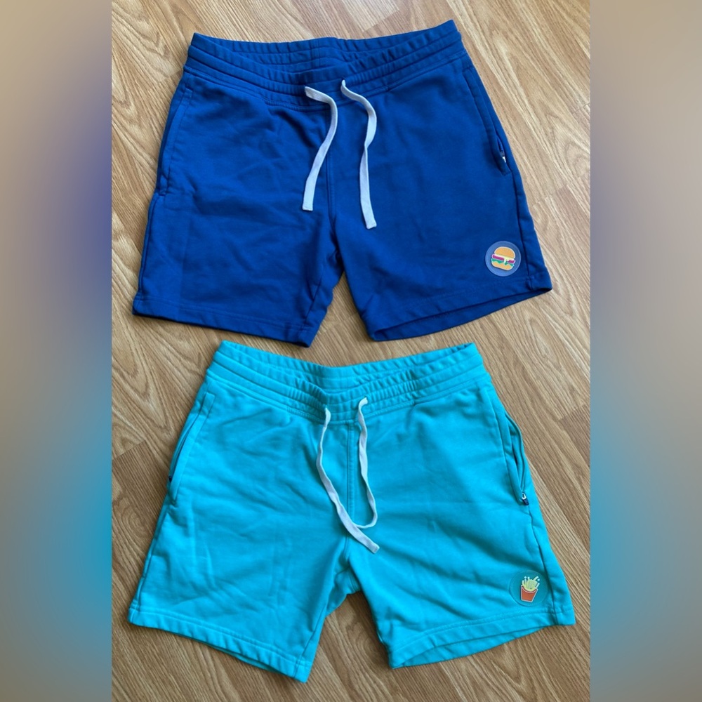 Eubi Mens Blue and Teal Burger and Fries Logo Shorts Set Size Medium 100%Cotton